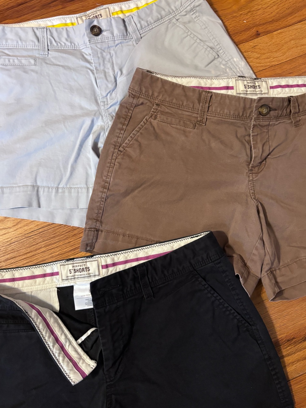 3-Pack Shorts — 5” Old Navy Perfect Khaki in Light Blue, Brown, Black - Picture 3 of 6